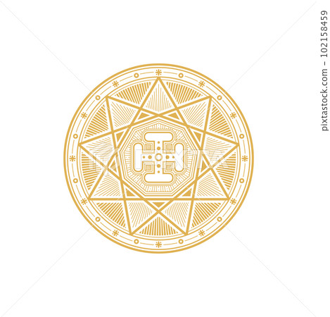 Alchemy and occult science magic symbol, esoteric religion and astrology mystic sign with cross. Vector gold circle with triangles, pentagram star, and ankh ornament. Tribal occultism, rune and chakra 102158459