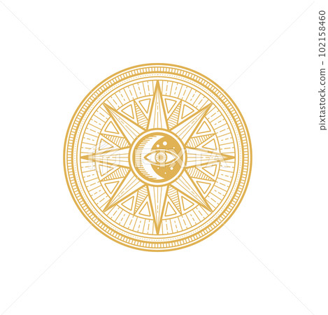 Tarot magic symbol, eye, star moon, round ethnic amulet isolated golden circle. Vector esoteric mystic pattern, spiritual sacred mystery circle, occult freemason talisman. Amulet with constellation Tarot magic symbol, eye, star moon, round ethnic amulet isolated golden circle. Vector esoteric mystic pattern, spiritual sacred mystery circle, occult freemason talisman. Amulet with constellation 102158460