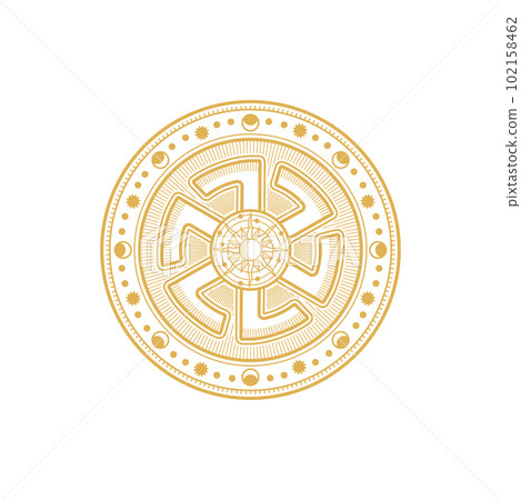 Magic symbol, gold circle with sun and ankh ornaments, moon and swastika sign isolated. Vector golden coin, alchemy and occult science, esoteric religion and astrology mystic symbol, tattoo design Magic symbol, gold circle with sun and ankh ornaments, moon and swastika sign isolated. Vector golden coin, alchemy and occult science, esoteric religion and astrology mystic symbol, tattoo design 102158462