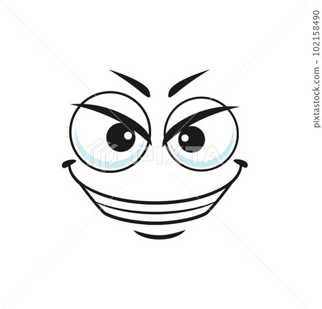 Cartoon villain face, vector gloat laugh emoji with angry eyes and laughing toothy mouth. Negative facial expression, funny feelings isolated on white background Cartoon villain face, vector gloat laugh emoji with angry eyes and laughing toothy mouth. Negative facial expression, funny feelings isolated on white background 102158490