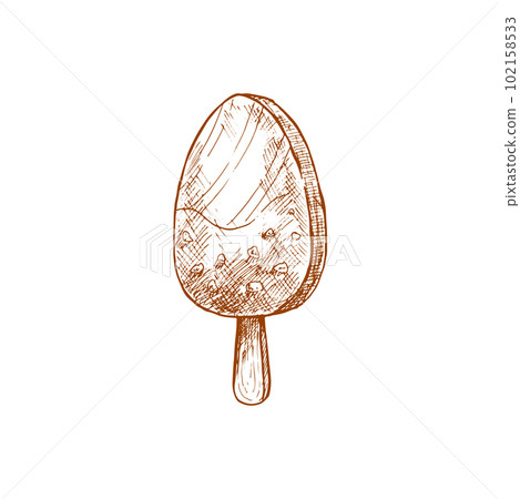 Sketch popsicle ice cream, vector sweet creamy dessert. Egg shaped engraved icecream on stick with chocolate glaze and nuts sprinkles, summer food isolated on white background. 102158533