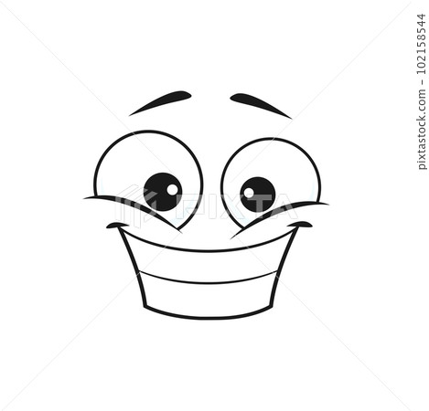Cartoon happy face, vector wide delighted smile facial emoji, funny creature. Happiness human emotion, isolated comic face with toothy smiling mouth and squinted eyes Cartoon happy face, vector wide delighted smile facial emoji, funny creature. Happiness human emotion, isolated comic face with toothy smiling mouth and squinted eyes 102158544