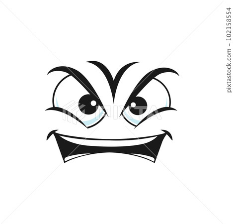 Cartoon face, vector gloat laugh emoji with angry eyes and laughing toothy mouth. Funny malefactor facial expression, feelings isolated on white background 102158554