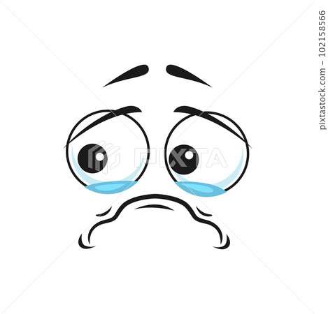 Cartoon crying face with wet eyes, weeper emoji with tears. Upset vector dissatisfied facial expression, funny unhappy plaintive or piteous feelings isolated on white background Cartoon crying face with wet eyes, weeper emoji with tears. Upset vector dissatisfied facial expression, funny unhappy plaintive or piteous feelings isolated on white background 102158566