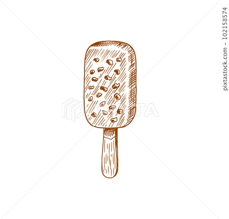 Sketch popsicle ice cream, vector sweet creamy dessert with nuts. Engraved icecream with chocolate glaze on stick. Dairy product, summer food isolated on white background Sketch popsicle ice cream, vector sweet creamy dessert with nuts. Engraved icecream with chocolate glaze on stick. Dairy product, summer food isolated on white background 102158574