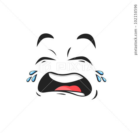 Cartoon crying face, upset emoji with tears falling from eyes. Vector dissatisfied facial expression, weepie, crybaby unhappy negative feelings isolated on white background 102158596
