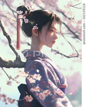 在櫻花風暴中跳舞的女人微笑 在櫻花風暴中跳舞的女人微笑 102159128