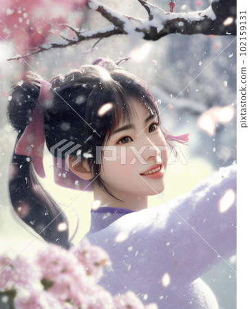 在櫻花風暴中跳舞的女人微笑 在櫻花風暴中跳舞的女人微笑 102159131