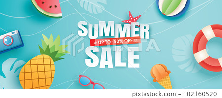 Summer sale with decoration origami on blue sky background. Paper art and craft style. 102160520
