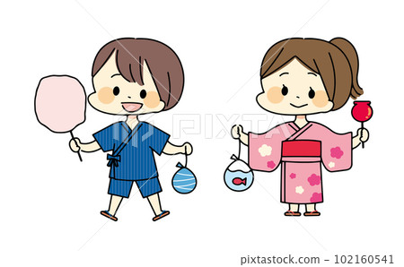 穿錦衣的男生和穿浴衣的女生插畫 102160541