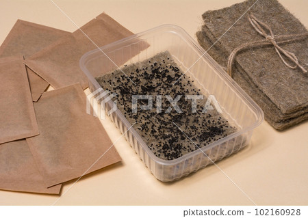 Set for growing microgreens. Container, linen rugs and seeds. 102160928