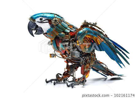 Image of a macaw parrot modified into a electronics robot on a white background. Wildlife Animals. Birds. Illustration, Generative AI. 102161174