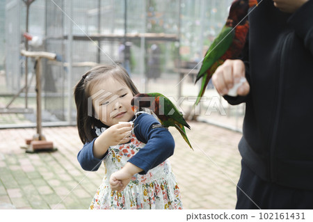 孩子們在手邊與長尾小鸚鵡互動 102161431