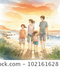 Back view of a family drawing with an AI watercolor style image-Holidays playing in the sea 102161628