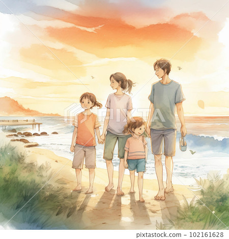 Back view of a family drawing with an AI watercolor style image-Holidays playing in the sea 102161628