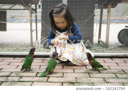A girl playing happily with a parakeet 102161784