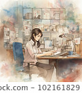 Back view of a woman working at a Japanese company drawn with an AI watercolor painting style image 102161829