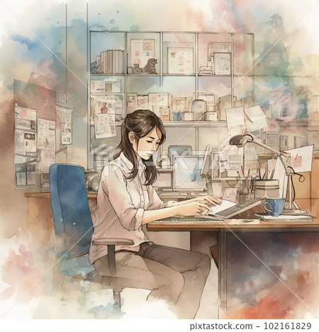 Back view of a woman working at a Japanese company drawn with an AI watercolor painting style image Back view of a woman working at a Japanese company drawn with an AI watercolor painting style image 102161829