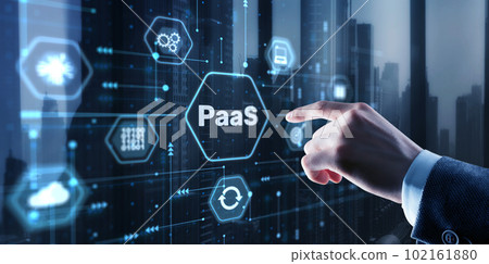 Hand pressing button on interface PaaS, Platform as a Service. Internet and networking concept 102161880