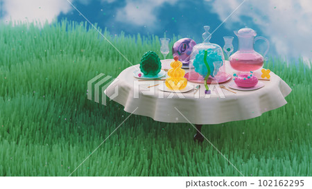 Festive family dinner table concept. 3d render, 3d illustration. Festive family dinner table concept. 3d render, 3d illustration. 102162295