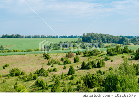 Rural landscape of Tatarstan. Green hills with trees and meadows, top view 102162579