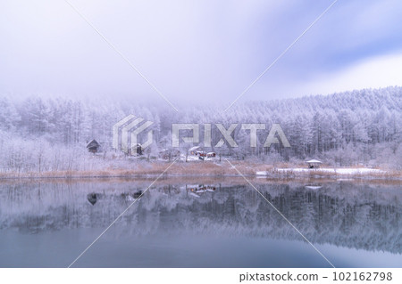 《長野縣》雪景中的中卷湖、霧凇林和湖面倒影 102162798