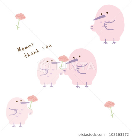 Scandinavian style, cute bird hand-drawn illustration Mother's Day carnation set with message pink bird 102163372
