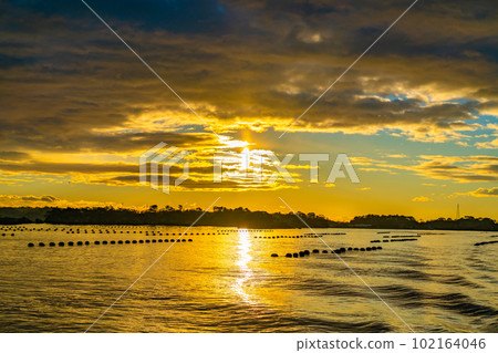 Matsushima, one of Japan's three most scenic spots, the first sunrise seen from a boat, the sunrise, the morning view, Matsushima-cho, Miyagi Prefecture Matsushima, one of Japan's three most scenic spots, the first sunrise seen from a boat, the sunrise, the morning view, Matsushima-cho, Miyagi Prefecture 102164046