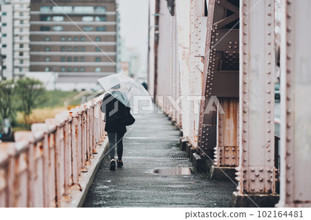 Pedestrian on a rainy day 102164481