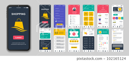 Shopping mobile app screens set for web templates. Pack of login, assortment goods, prices, online ordering, shop rating and other mockups. UI, UX, GUI user interface kit for layouts. Vector design 102165124