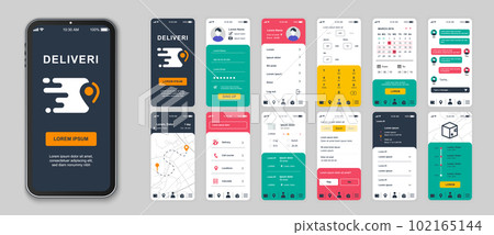 Delivery mobile app screens set for web templates. Pack of login, ordering package, customer support, online tracking parcel, other mockups. UI, UX, GUI user interface kit for layouts. Vector design 102165144