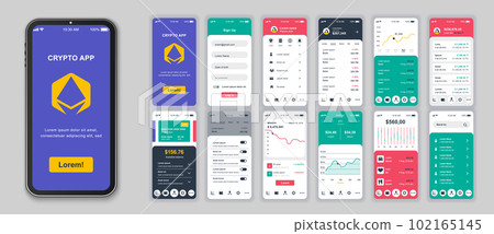 Crypto mobile app screens set for web templates. Pack of login, financial account, currency exchange, online investment and other mockups. UI, UX, GUI user interface kit for layouts. Vector design Crypto mobile app screens set for web templates. Pack of login, financial account, currency exchange, online investment and other mockups. UI, UX, GUI user interface kit for layouts. Vector design 102165145