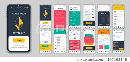 Crypto mobile app screens set for web templates. Pack of login, financial account, monitoring balance, exchange, investment, other mockups. UI, UX, GUI user interface kit for layouts. Vector design 102165146