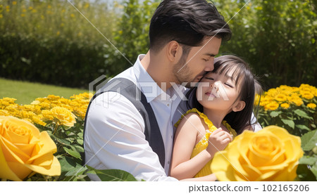 A good parent and child hugging a yellow rose flower field in the image of Father's Day A good parent and child hugging a yellow rose flower field in the image of Father's Day 102165206