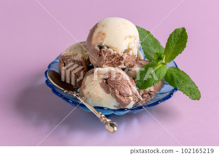 Chocolate and vanilla ice cream close up. 102165219