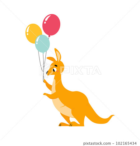 Cute Brown Kangaroo Marsupial Character with Pouch Holding Bunch of Balloons Vector Illustration Cute Brown Kangaroo Marsupial Character with Pouch Holding Bunch of Balloons Vector Illustration 102165434