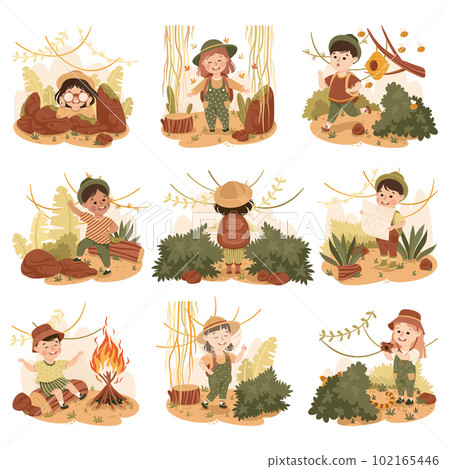 Little Children in the Jungle Looking in Binoculars Exploring and Examining Map Tropical Environment Vector Illustration Set 102165446
