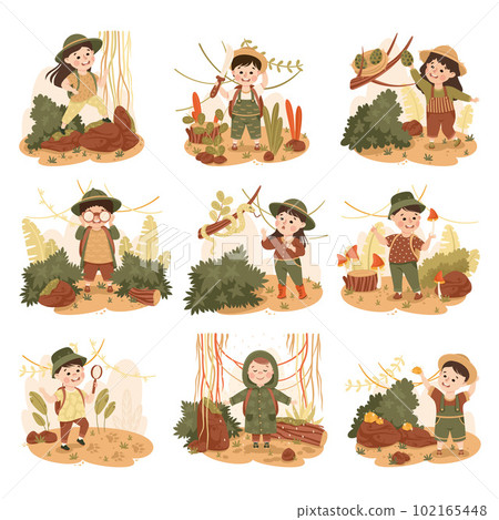 Little Children in the Jungle Looking in Binoculars and Following Trail Exploring Tropical Environment Vector Illustration 102165448