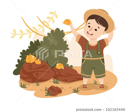 Little Boy in the Jungle Finding Gemstone Exploring Tropical Environment Vector Illustration 102165449