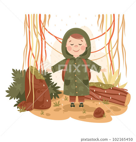 Little Boy in the Jungle Enjoying Rain Falling Exploring Tropical Environment Vector Illustration 102165450