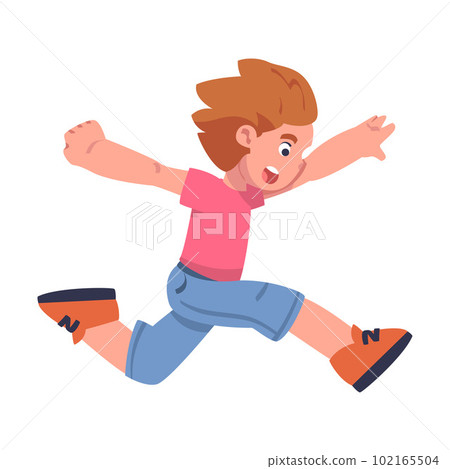 Happy Boy Jumping High with Joy and Excitement Feeling Freedom Vector Illustration Happy Boy Jumping High with Joy and Excitement Feeling Freedom Vector Illustration 102165504