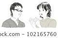 認真聽女人解釋的年輕男人手繪漫畫，可用於傳單等。 102165760