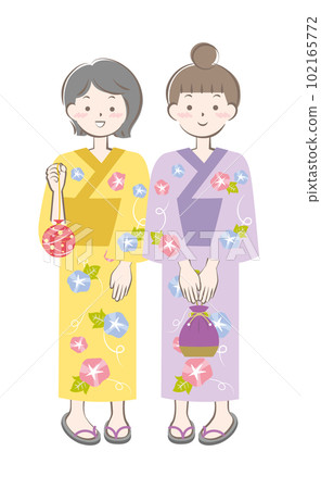 Two young women wearing yukata, women 102165772