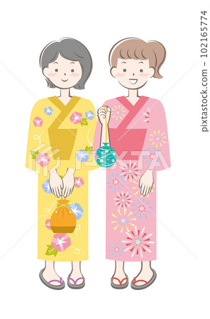 Two young women wearing yukata, women 102165774