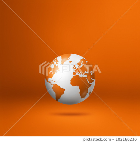 World globe, earth map, isolated on orange. Square background World globe, earth map, isolated on orange. Square background 102166230