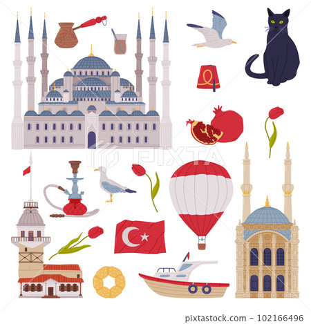Traditional Istanbul Symbols and Attribute with Blue Mosque and Maidens Tower Vector Set 102166496