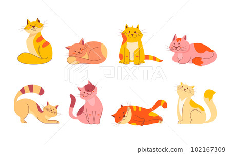 Cute smile cats doodle set. Cartoon design collection of cat breeds in different poses. Funny kittens 102167309