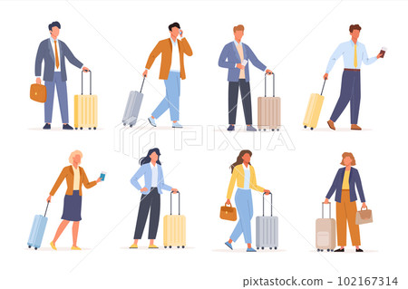 Business people on a business trip set. Female and male character walk, stand, talk 102167314