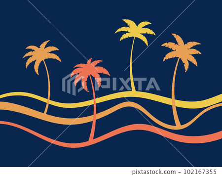 Line landscape outline with palm trees. Landscape painted with stripes in retro style. Contour of the landscape with palm trees. Design for print decor, postcard, book cover. Vector illustration Line landscape outline with palm trees. Landscape painted with stripes in retro style. Contour of the landscape with palm trees. Design for print decor, postcard, book cover. Vector illustration 102167355