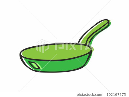 Black and green insulated frying pan with handle, black contour in doodle style, vector illustration Black and green insulated frying pan with handle, black contour in doodle style, vector illustration 102167375